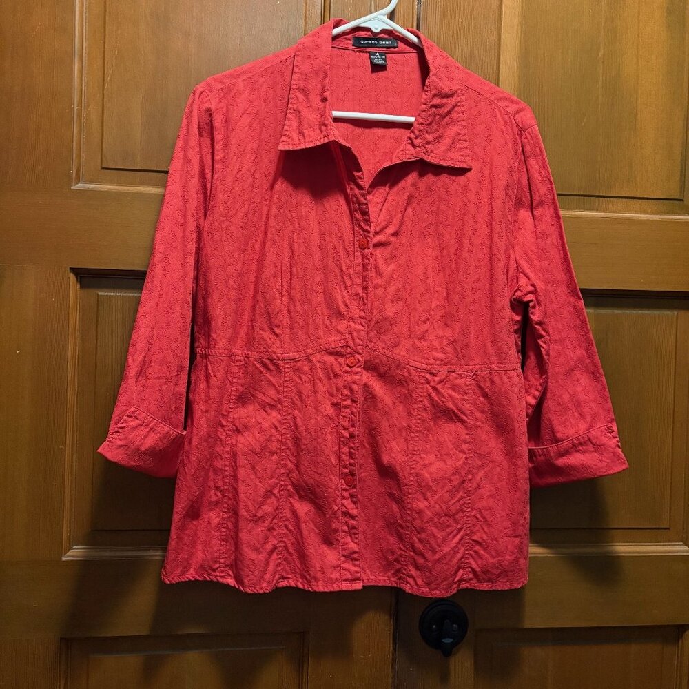VTG Sweet Basil Blouse Size xl RED Button Down -EMPIRE WAIST/fitted- 3/4 sleeves